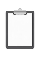 A blank clipboard with a white sheet of paper is isolated on a white background ready to be used for notes