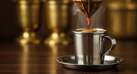 Steaming hot traditional South Indian filter coffee being prepared in a stainless steel cup on a rustic wooden table.