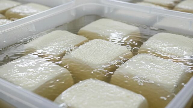Brined Adyghe cheese blocks soaking in clear salty liquid with bubbles rising, reflecting light in large tubs