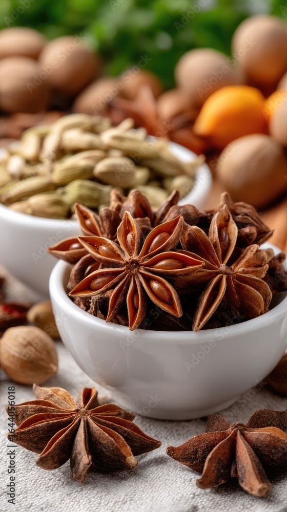 Poster diverse spices displayed in bowls on a table showcasing their unique shapes and colors in a kitchen 