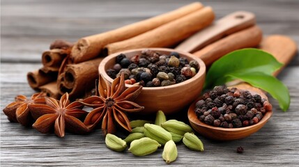Various spices displayed in stainless steel bowls highlighting star anise, black peppercorns, and green cardamom pods arranged on a textured gray background
