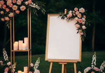 Elegant wedding reception decor with floral arrangements candles and a blank sign ready for personalization