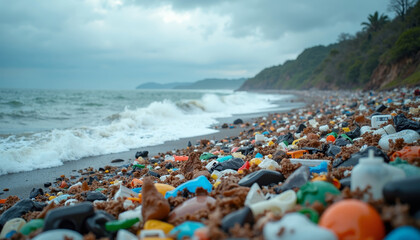 Plastic pollution on beach with waves washing ashore and plastic debris scattered across sand. Plastic pollution threatens marine life and pollutes ocean, harming aquatic ecosystems.