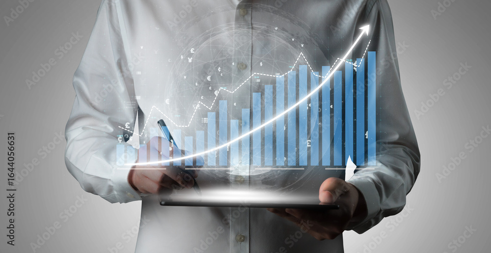 Poster a business professional engaged in data analysis using a tablet. visual graphs depict growth trends 