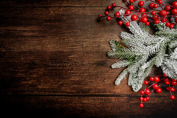 Christmas and New Year background with a festive scene with gold and red Christmas ornaments and...