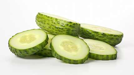 Fresh sliced cucumber pieces arranged on white background