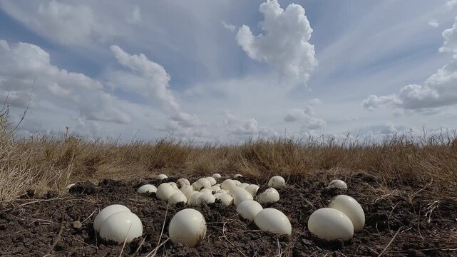 Low wide angle of a clutch of ostrich eggs nestled in muddy soil in dry savannah grassland under hot midday sun in Kenya