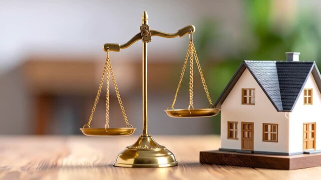 Gold scales and a miniature house on a wooden table