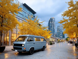 Obraz premium Retro Van in a Modern Cityscape during Autumn. A captivating image of a vintage van parked on a city street, surrounded by vibrant autumn foliage and modern architecture.