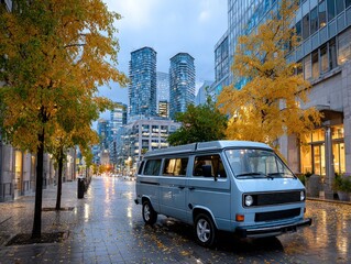 Obraz premium Blue Van on City Street in Autumn - Urban Exploration and Travel Photography