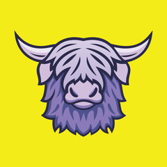Highland Cow Mascot Logo Cartoon Yak Head with Shaggy Hair on Yellow Background