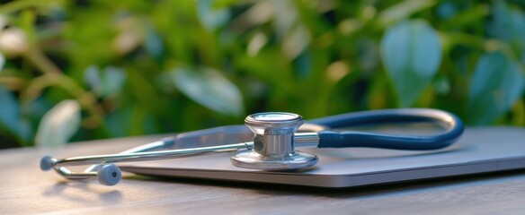 The stethoscope resting on a sleek laptop amidst lush green foliage.
