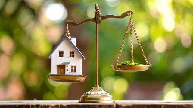 A miniature house balanced on antique scales