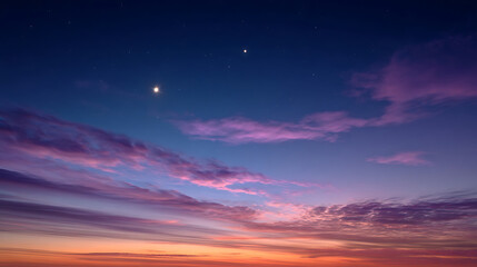Fototapeta premium Celestial bodies shining through vibrant sunset clouds twilight purple clouds