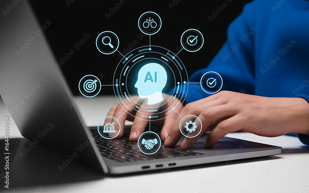 Poster person using laptop with ai interface overlaying the screen