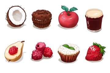 Vibrant Fruit and Dessert Icons:  Hand-Drawn, Cartoon Style,  Fresh and Sweet Mood.