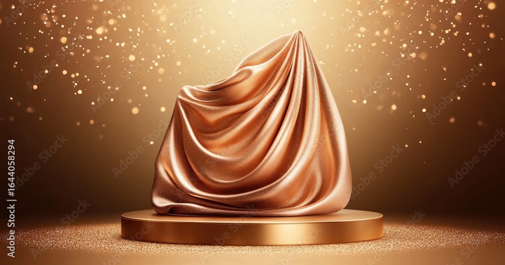 Poster golden fabric draped over round podium with glittering particle effect background