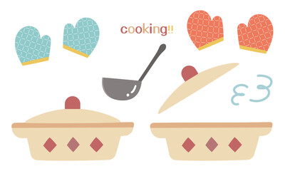 鍋とお玉とミトンのかわいいイラストセット