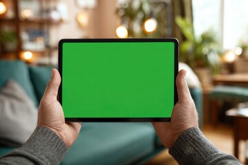 Young person holding a digital tablet with green screen in a dining room. Computer Mockup. Person using digital tablet green background display. Chroma key device. Closeup. Personal view. POV