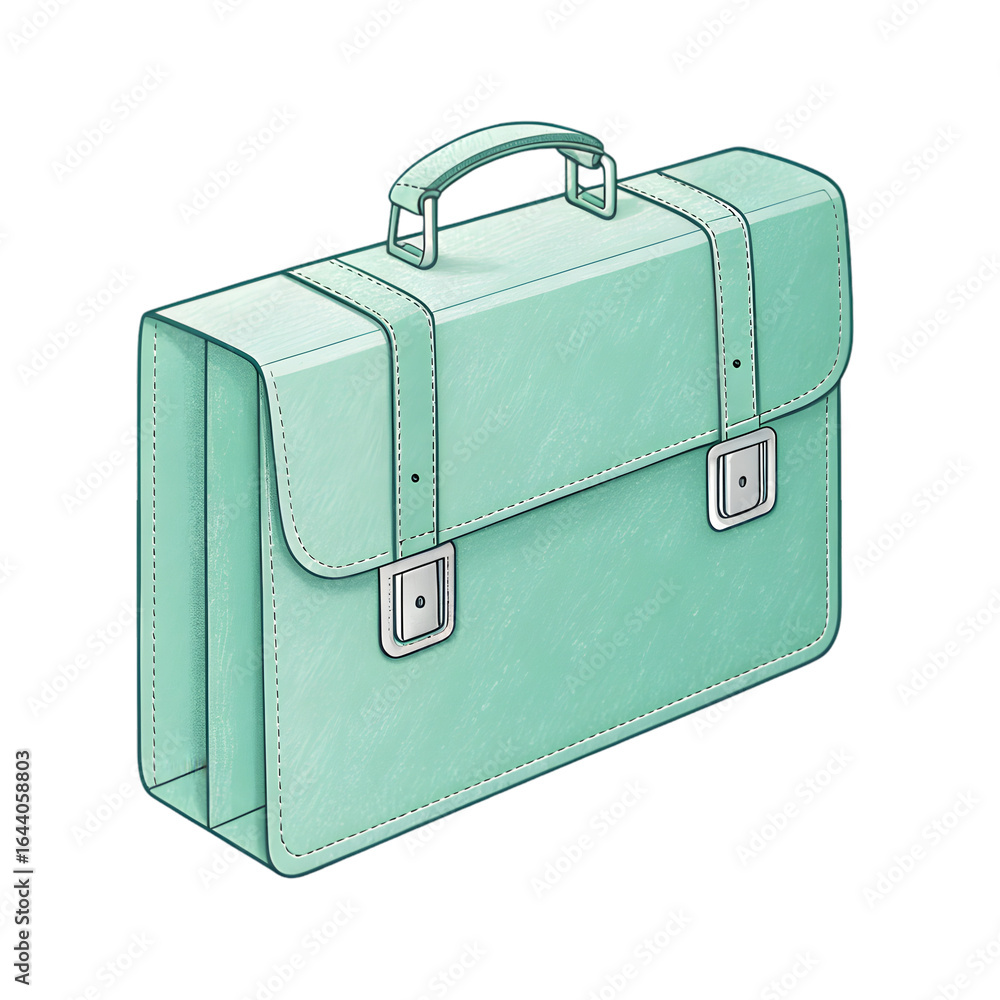 Poster Mint green briefcase with silver clasps and handle isolated on a transparent background image PNG file 