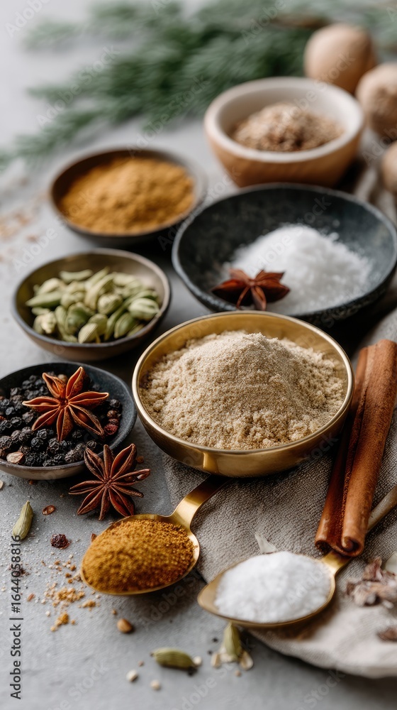 Poster diverse selection of spices arranged thoughtfully on a kitchen counter for culinary use in festive c