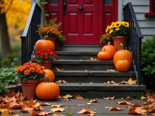 Festive fall steps decorated with pumpkins and vibrant flowers leading to a cozy red door