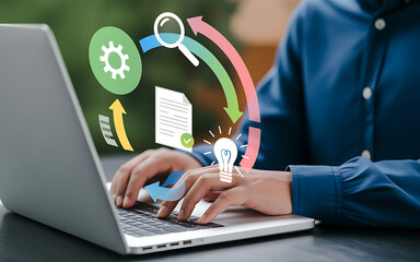 Person using laptop with process flow graphic overlayed on it