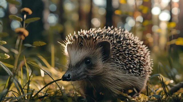 A young hedgehog exploring a forest clearing during daytime.