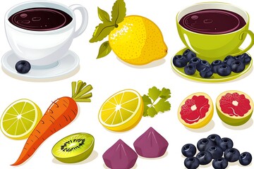 Vibrant Fruit and Berry Illustration: Healthy Smoothie Ingredients, Cartoon Style
