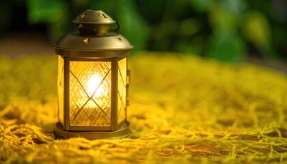 Vintage Bronze Lantern with Diamond Glass Casting a Warm Glow on a Yellow Net
