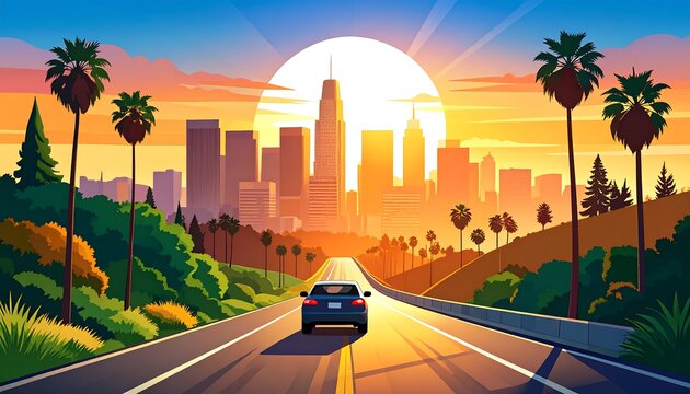 Sunrise drive through LA cityscape - Powered by Adobe