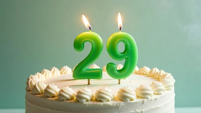 Green 29 birthday candles burning brightly atop a delicious cake with frosting, festive celebration