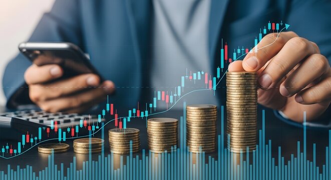 Businessman stacking gold coins while checking financial data on smartphone with stock market graph overlay