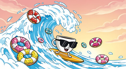 Cool Cartoon Coffee Cup Surfing a Wave with Floating Donuts at Sunset