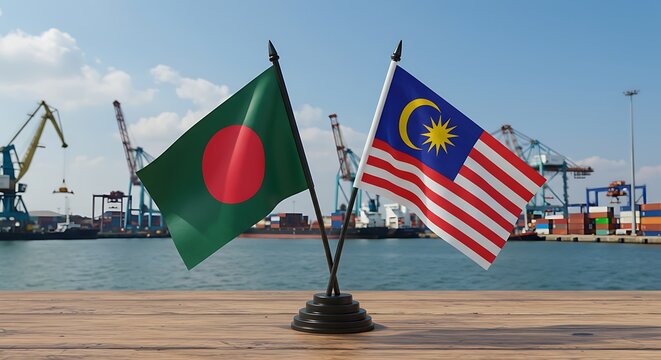 Bangladesh Malaysia flags at port symbolize trade and international business cooperation