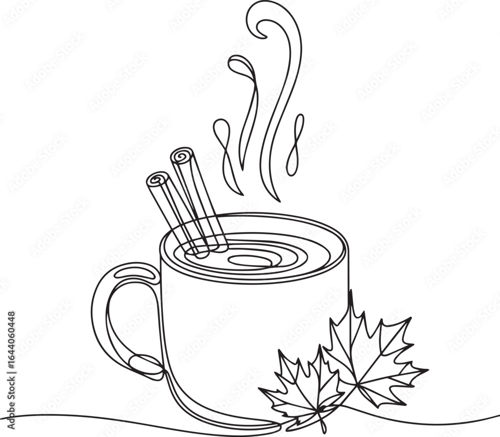 Poster continuous single one line drawing of a steaming mug with cinnamon sticks and floating leaves, minim
