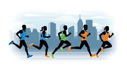 Cityscape marathon: Silhouette runners participating in a vibrant urban race with skyscrapers providing a dynamic backdrop for this energetic and competitive event