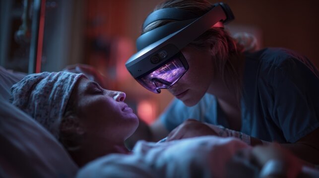 Medium shot capturing a midwife adjusting mixedreality equipment on a laboring mother focusing on the device while the delivery room environment fades softly out of focus enhancing