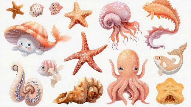 Collection of sea creatures and shells on a white background