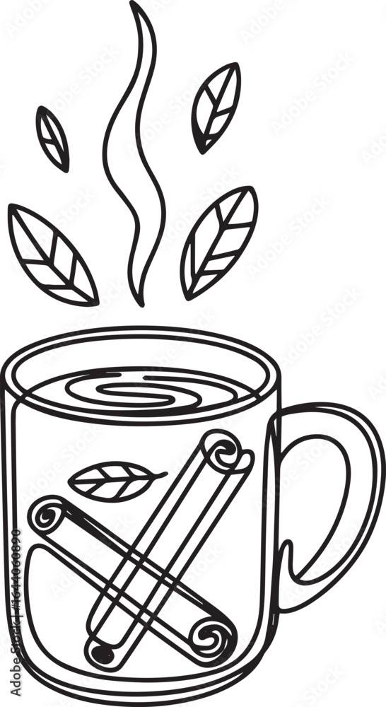 Poster continuous single one line drawing of a steaming mug with cinnamon sticks and floating leaves, minim