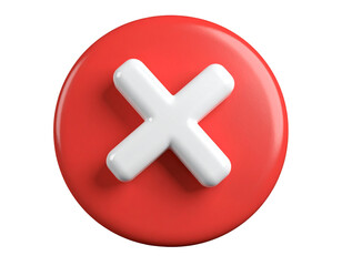 Obraz premium 3D Red Round Reject Button with White Cross Symbol, Matte Finish, Tilted Angle, Transparent Background