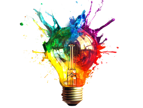Colorful light bulb paint splash isolated on transparent background