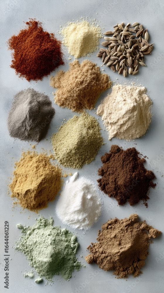 Poster diverse assortment of spices and powders arranged artfully on a gray surface, showcasing vibrant col