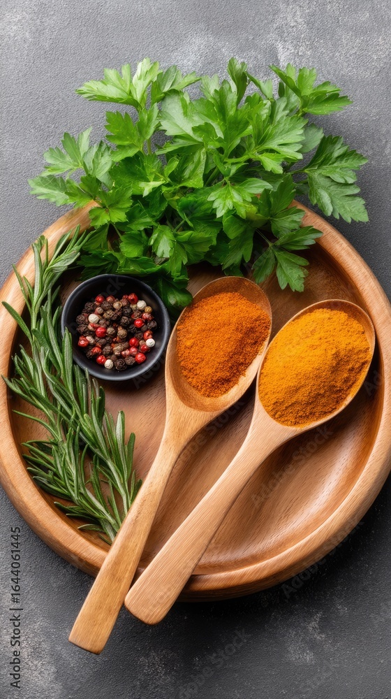Poster diverse assortment of spices and powders arranged artfully on a gray surface, showcasing vibrant col