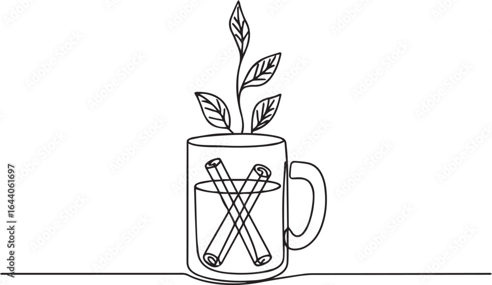 Poster continuous single one line drawing of a steaming mug with cinnamon sticks and floating leaves, minim