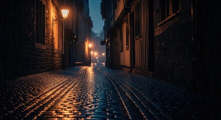 Fototapeta premium Warmly Lit Cobblestone Alley on a Rainy Night, Reflecting Streetlights in a Moody Urban Scene.