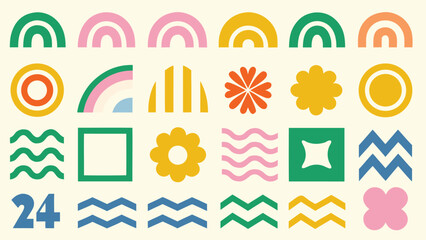 Fototapeta premium Colorful abstract shape icons set with rainbows, flowers, waves, and geometric patterns for creative design, scrapbooking, and modern digital art projects