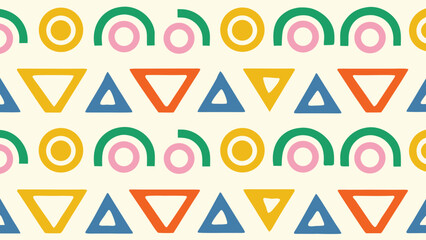 Colorful Geometric Pattern with Circles, Triangles, and Arches in Modern Abstract Design, Seamless Background for Retro, Minimal, and Creative Art Projects