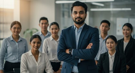 Fototapeta premium Confident Indian Business Leader with His Diverse Professional Team in a Modern Office 