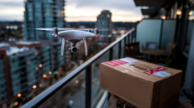 Aerial Food Delivery Drone in Cityscape Background